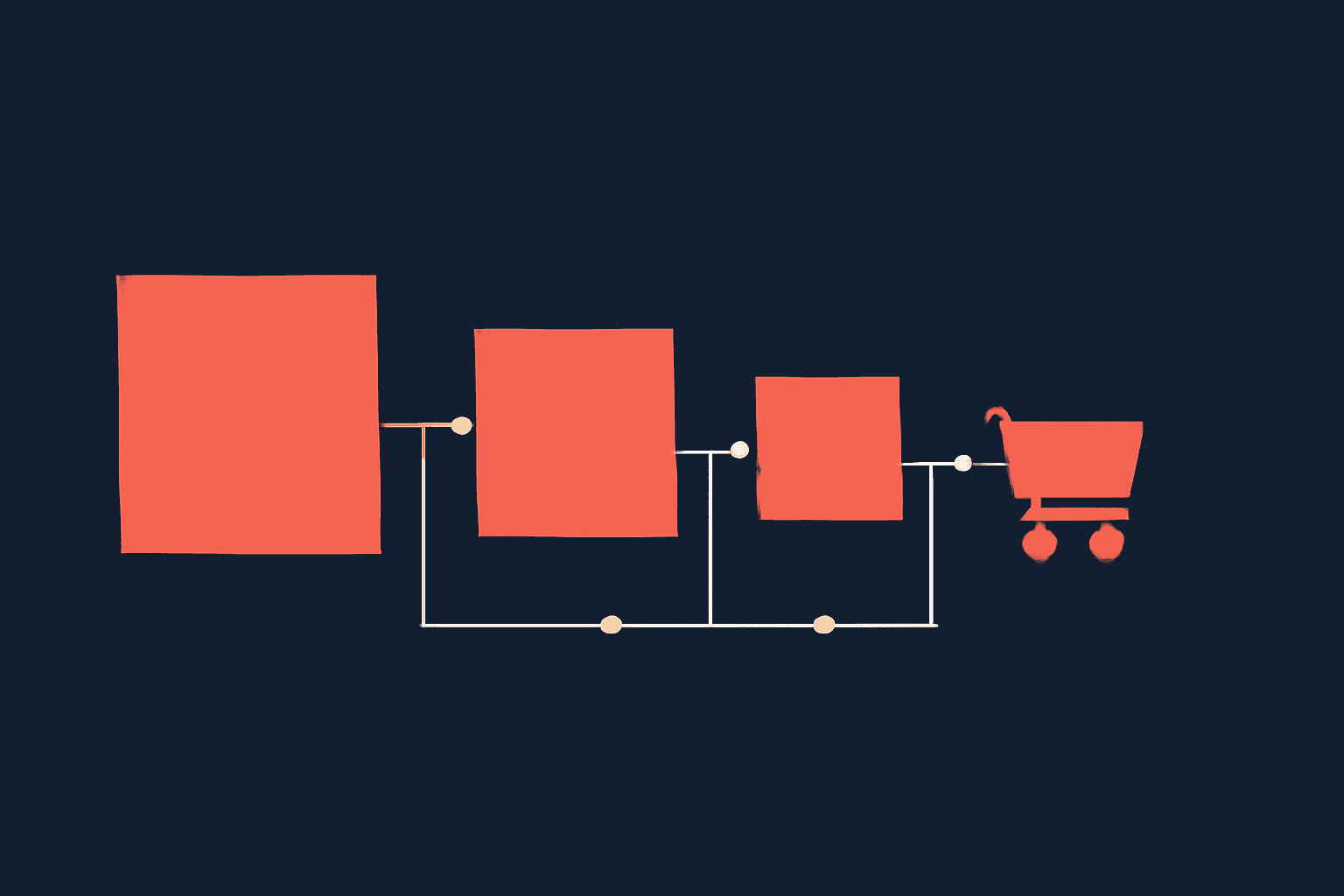 A horizontal pipeline of coral blocks decreasing in size, suggesting a checkout funnel, in coral and navy